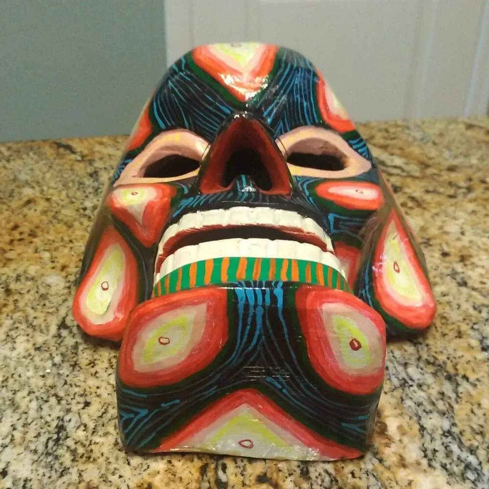 GUATEMALAN MEXICAN MOVABLE SKULL MASK TRANSFORMATION WOODEN FOLK ART HAND CARVED